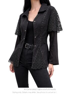 Vintage Black Lace Panel Jacket Rhinestone Gothic Boho Top M/L